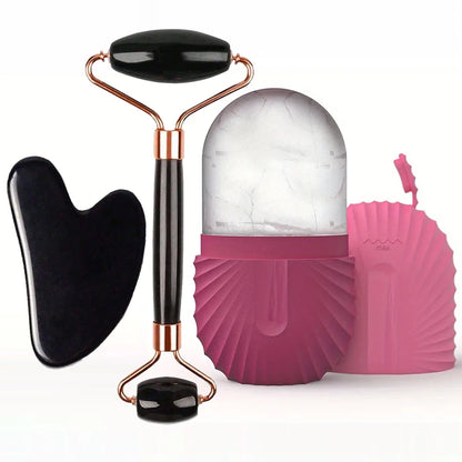 Ice Face Care Kit — Stainless Steel Ice Roller, Gua Sha & Facial Massage Tool (3-Piece Set)